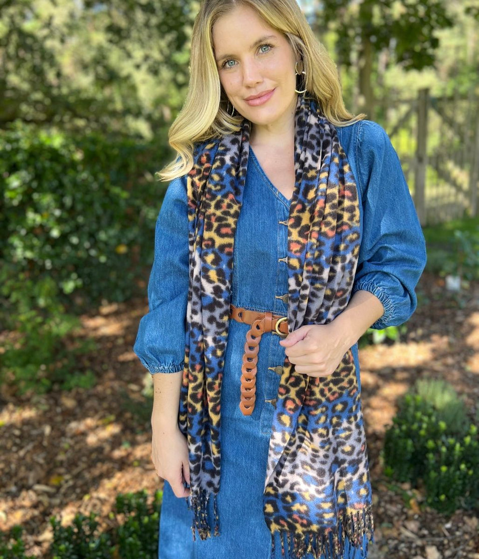 Blue Animal Print Tasselled Scarf
