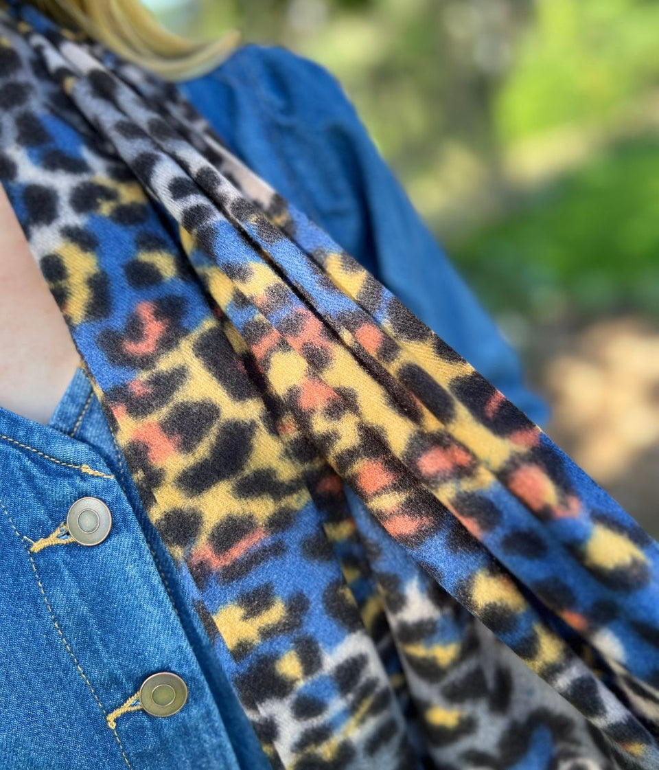 Blue Animal Print Tasselled Scarf