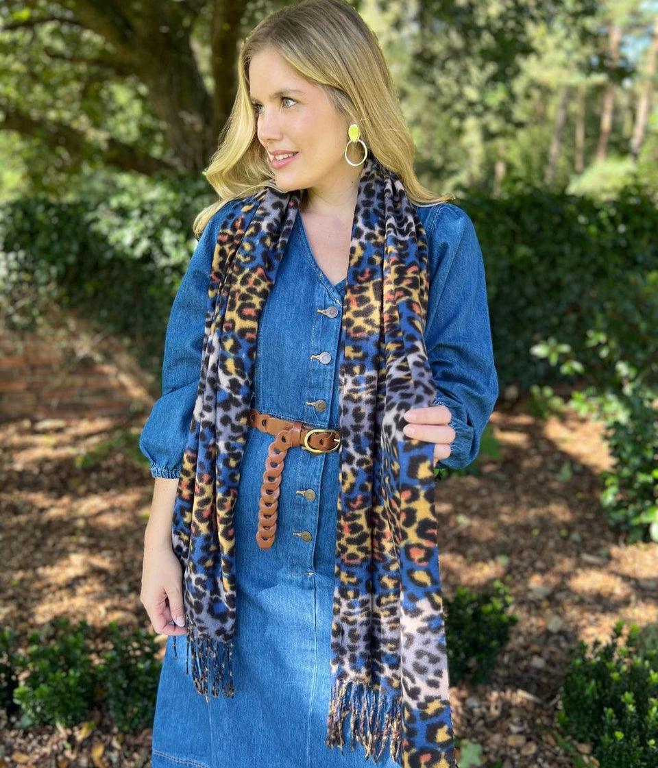 Blue Animal Print Tasselled Scarf