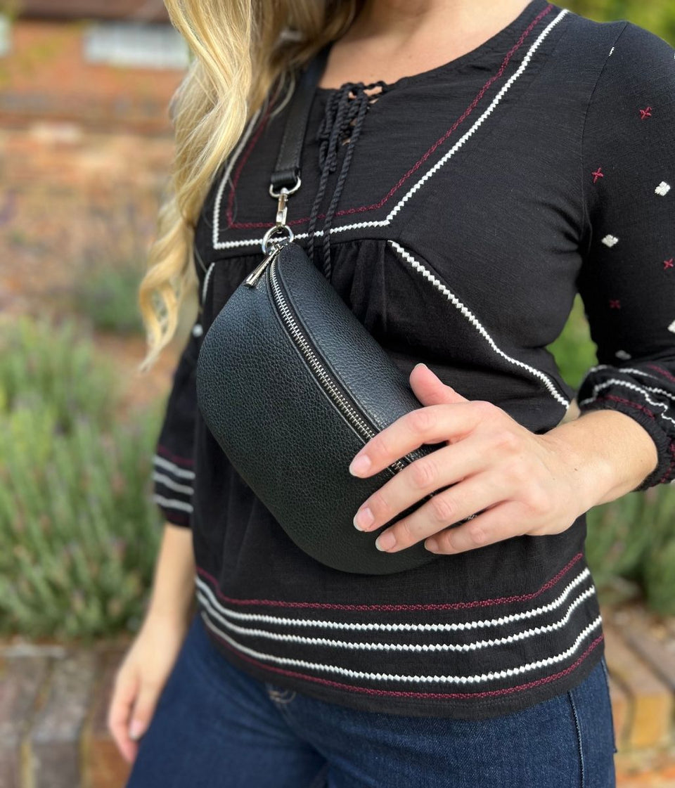 Black Leather Sling Crossbody Bag