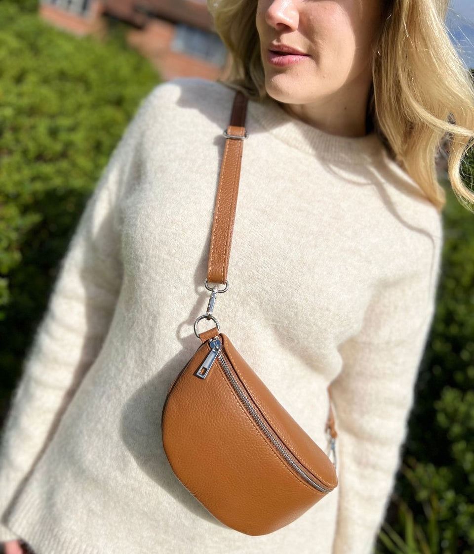 Tan Leather Sling Crossbody Bag