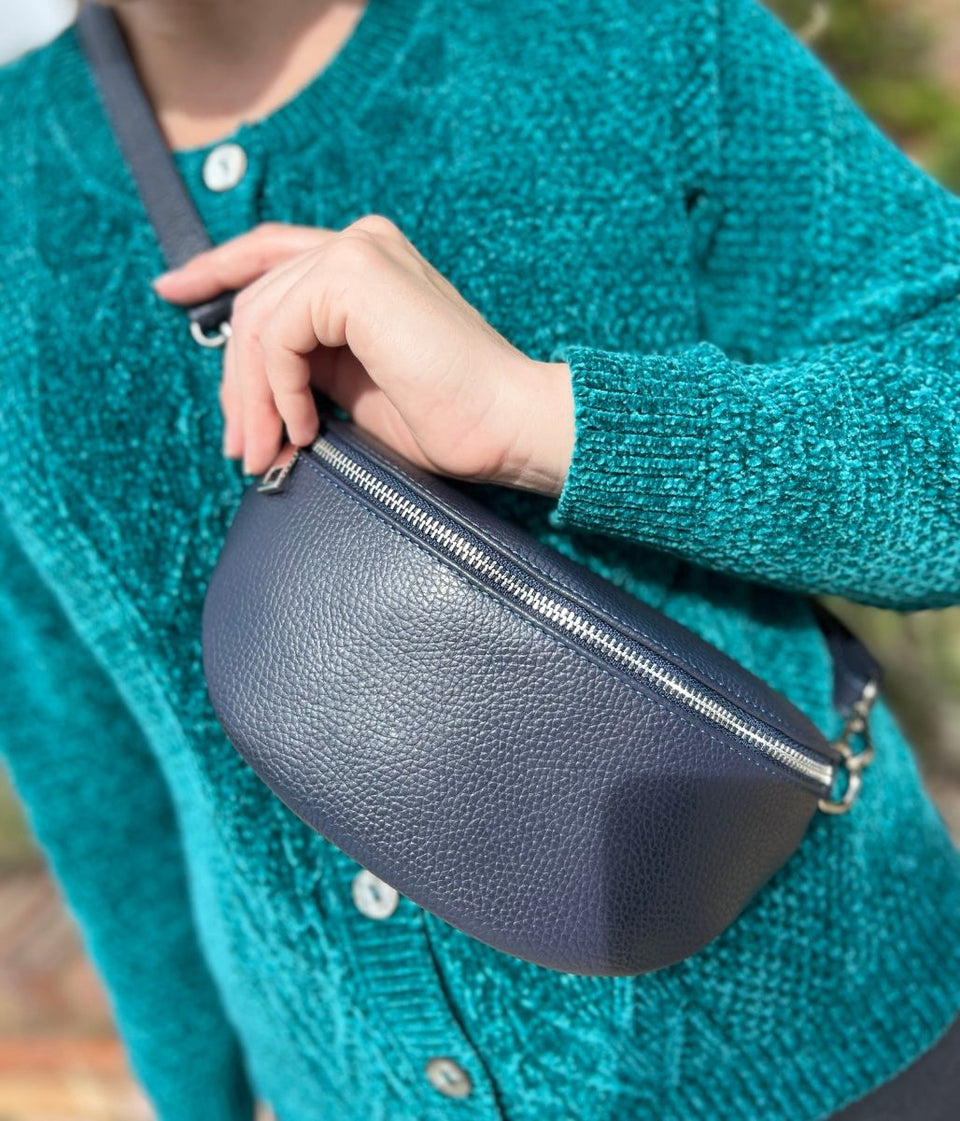 Navy Leather Sling Crossbody Bag
