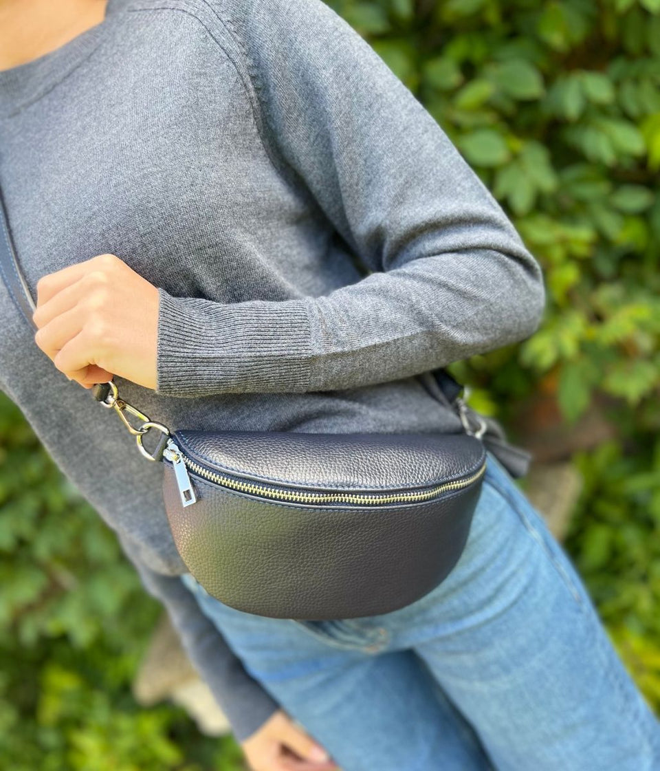 Navy Leather Sling Crossbody Bag