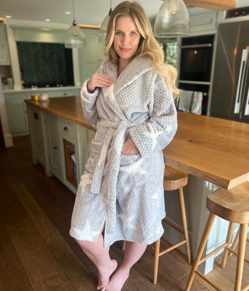 Grey Star Print Cosy Waffle Robe