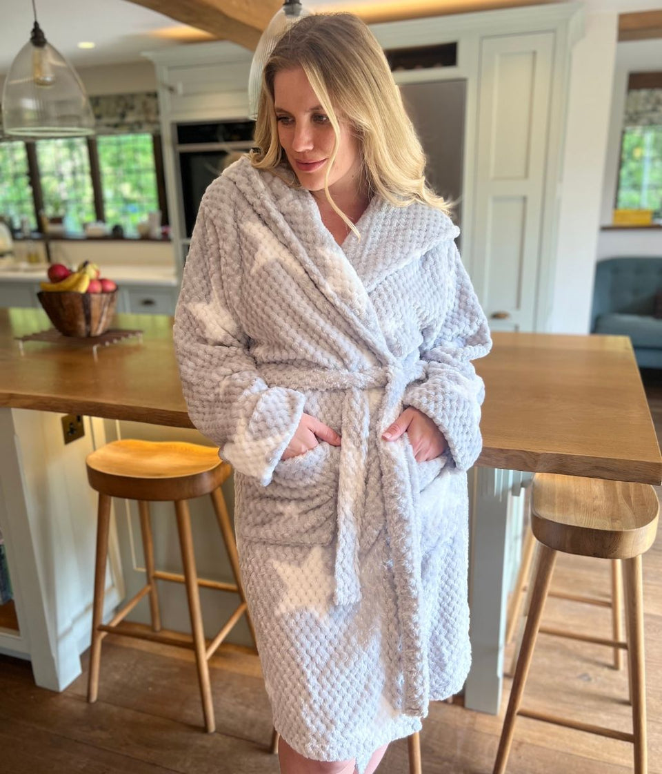 Grey Star Print Cosy Waffle Robe