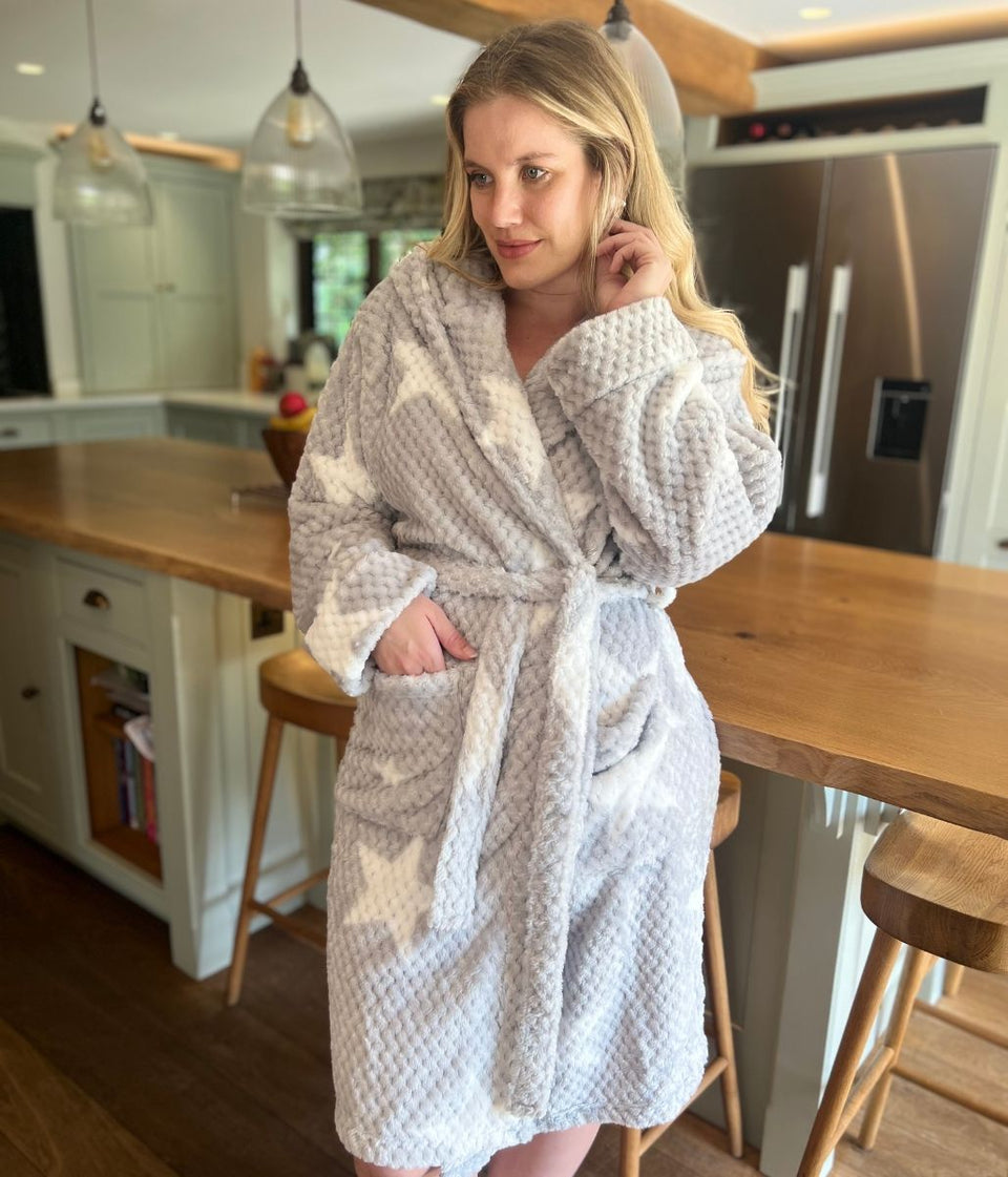 Grey Star Print Cosy Waffle Robe