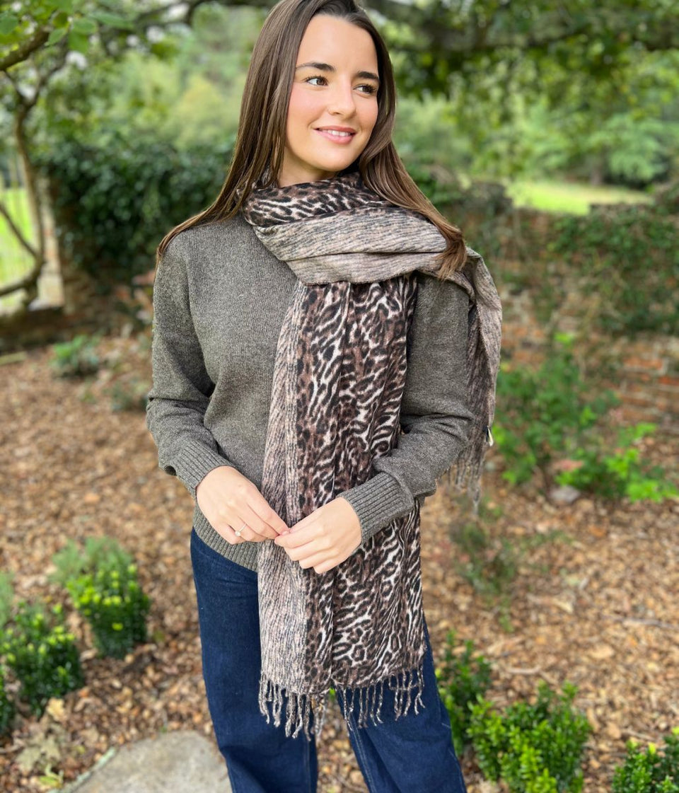 Brown Animal Print Cashmere Blend Scarf