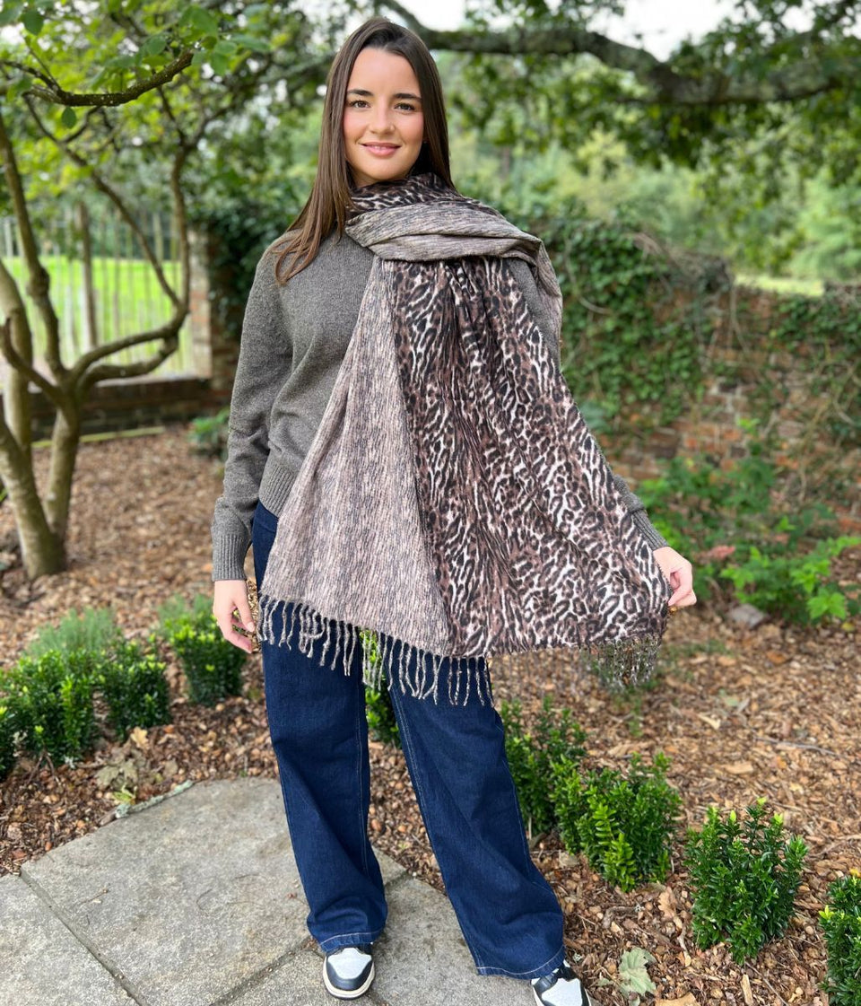 Brown Animal Print Cashmere Blend Scarf