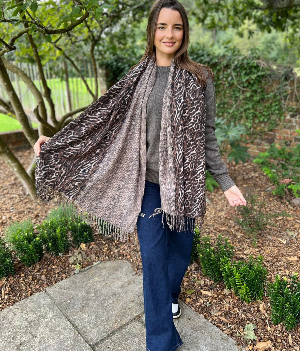 Brown Animal Print Cashmere Blend Scarf