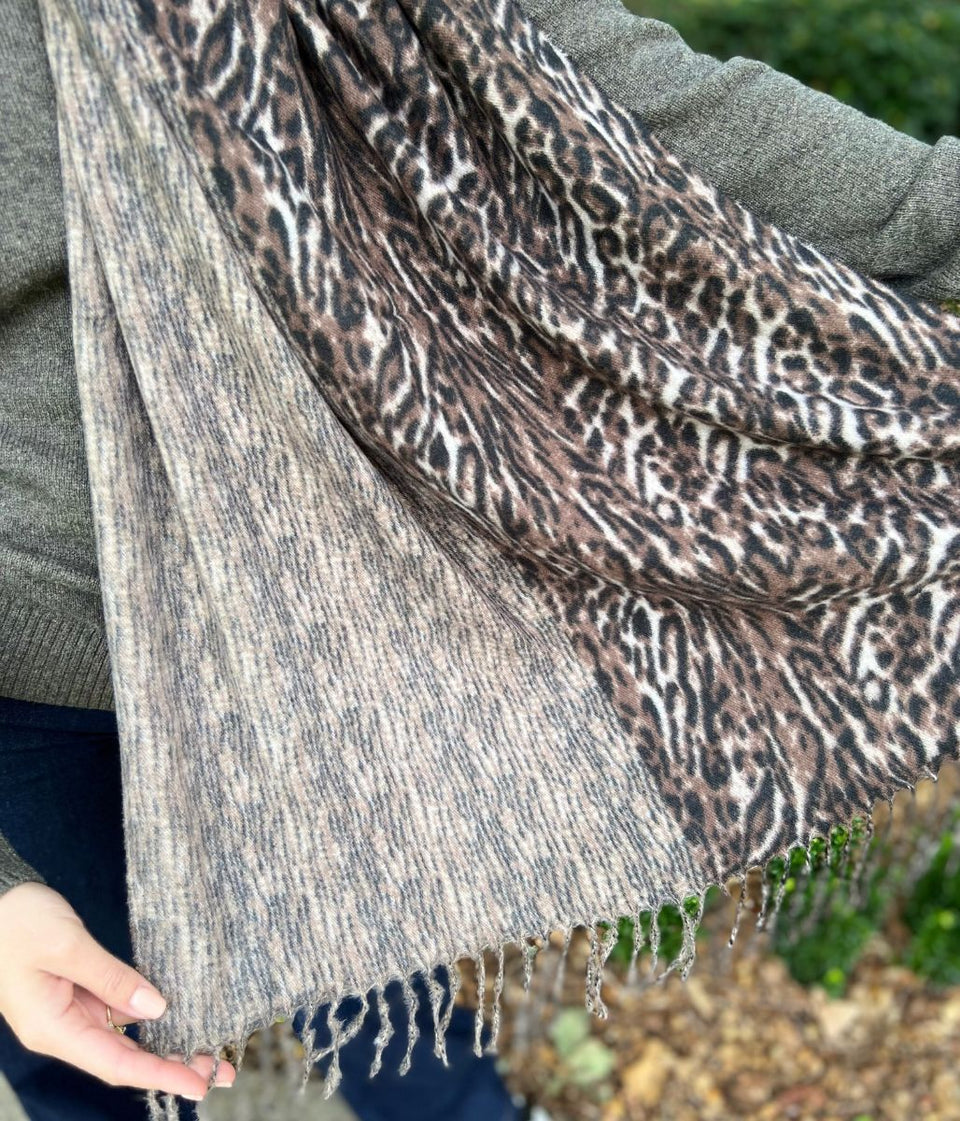 Brown Animal Print Cashmere Blend Scarf