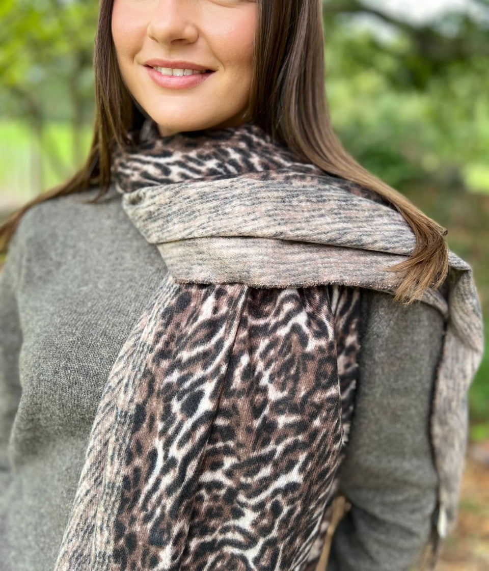 Brown Animal Print Cashmere Blend Scarf