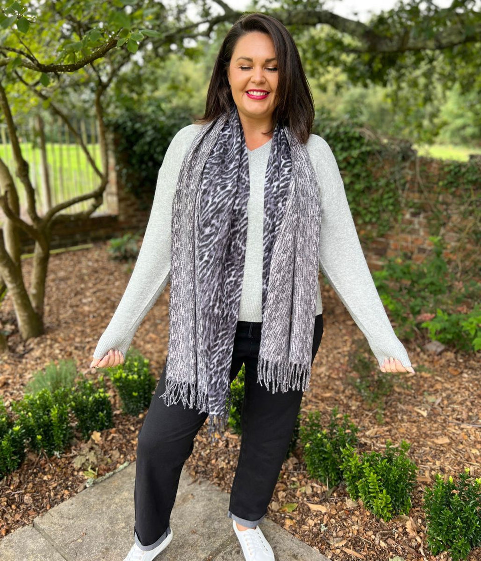 Grey Animal Print Cashmere Blend Scarf