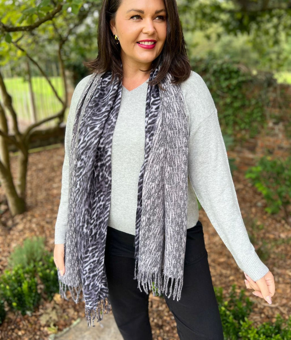 Grey Animal Print Cashmere Blend Scarf