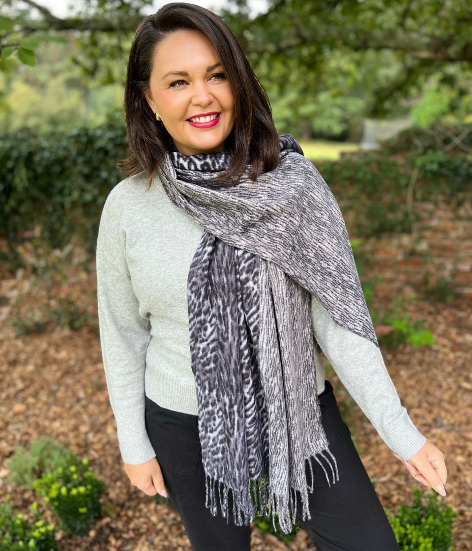 Grey Animal Print Cashmere Blend Scarf