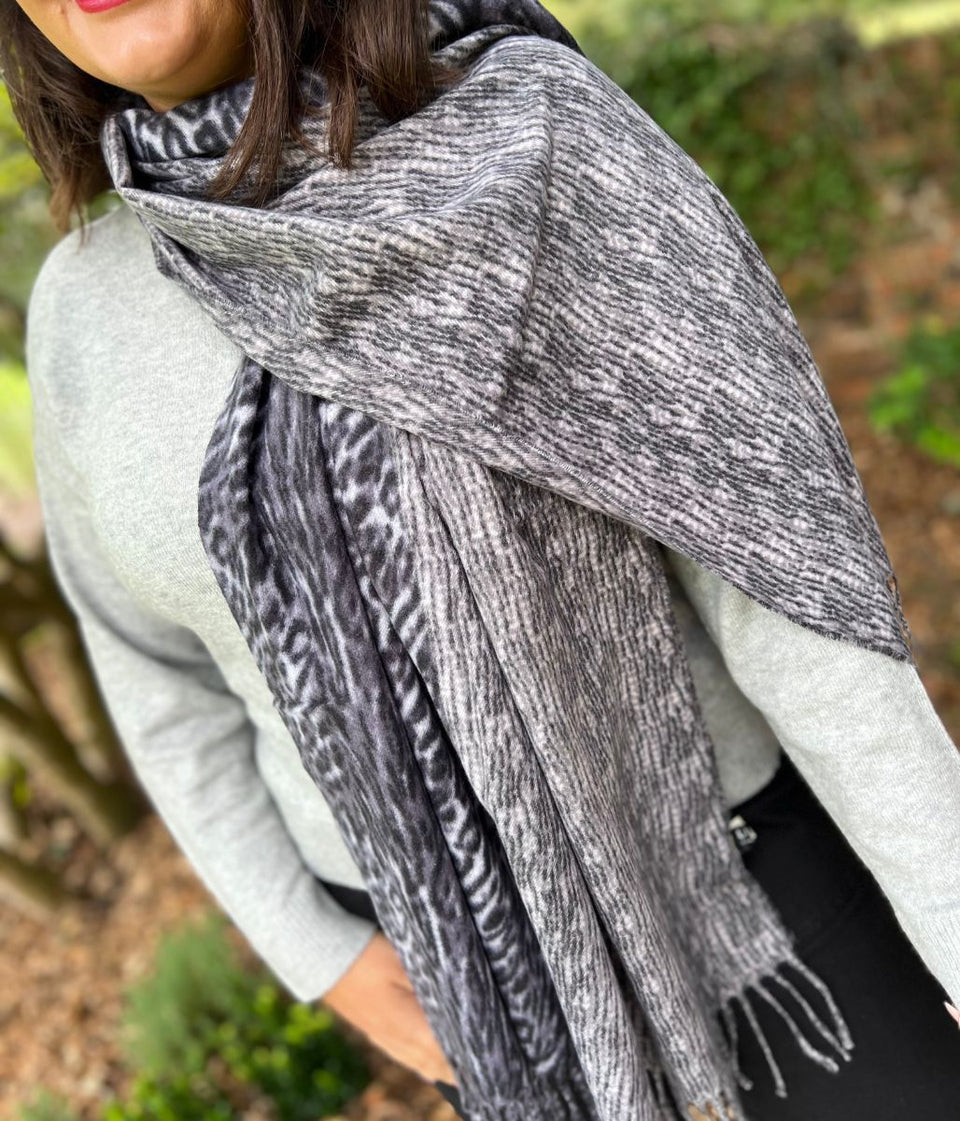 Grey Animal Print Cashmere Blend Scarf