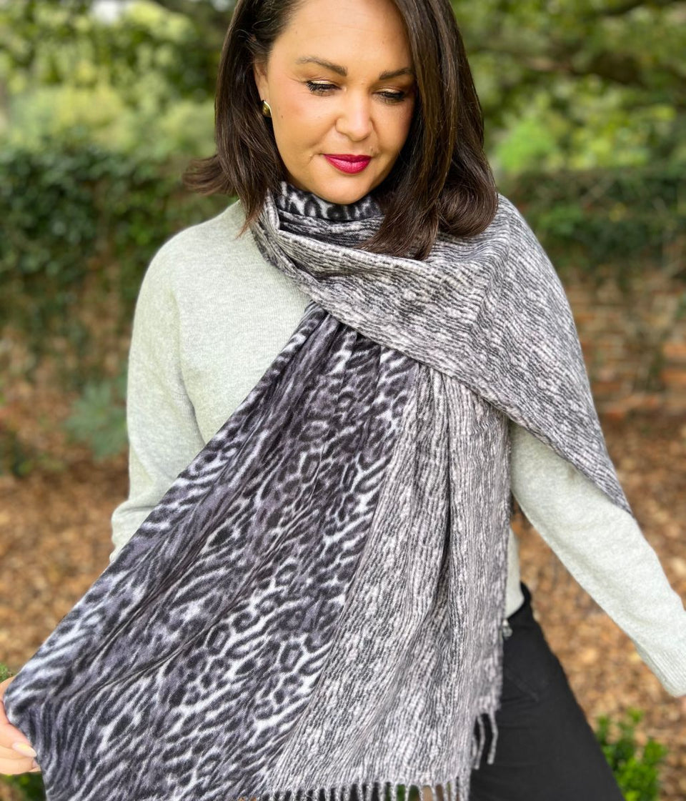 Grey Animal Print Cashmere Blend Scarf