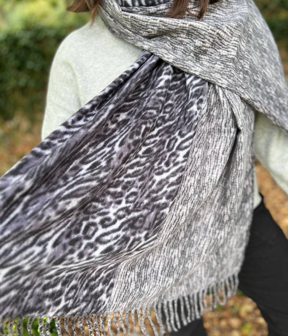 Grey Animal Print Cashmere Blend Scarf