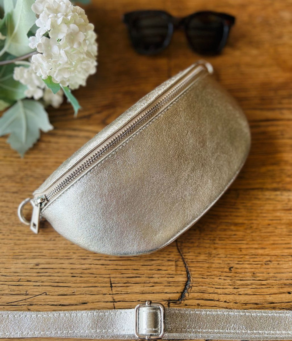 Gold Leather Sling Crossbody Bag