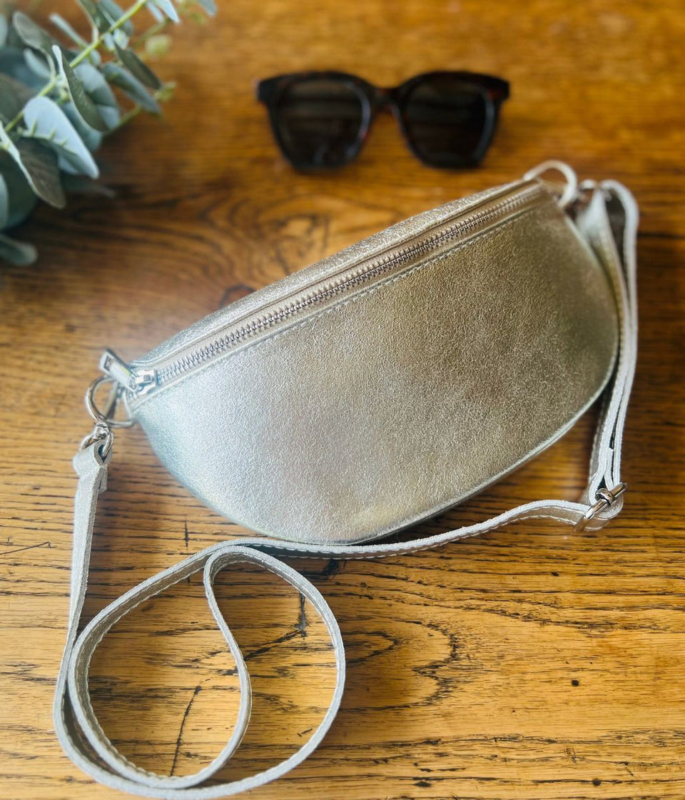 Gold Leather Sling Crossbody Bag