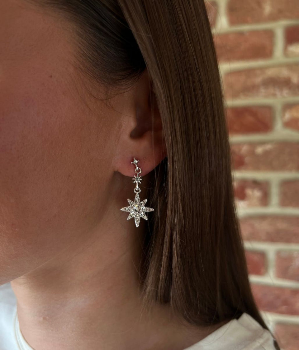Silver Sparkle Stars Drop Earrings