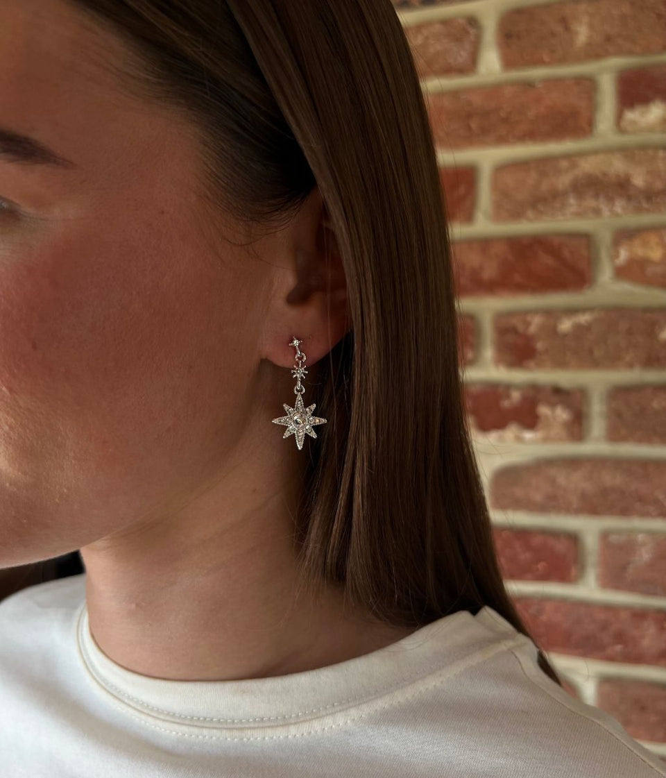 Silver Sparkle Stars Drop Earrings