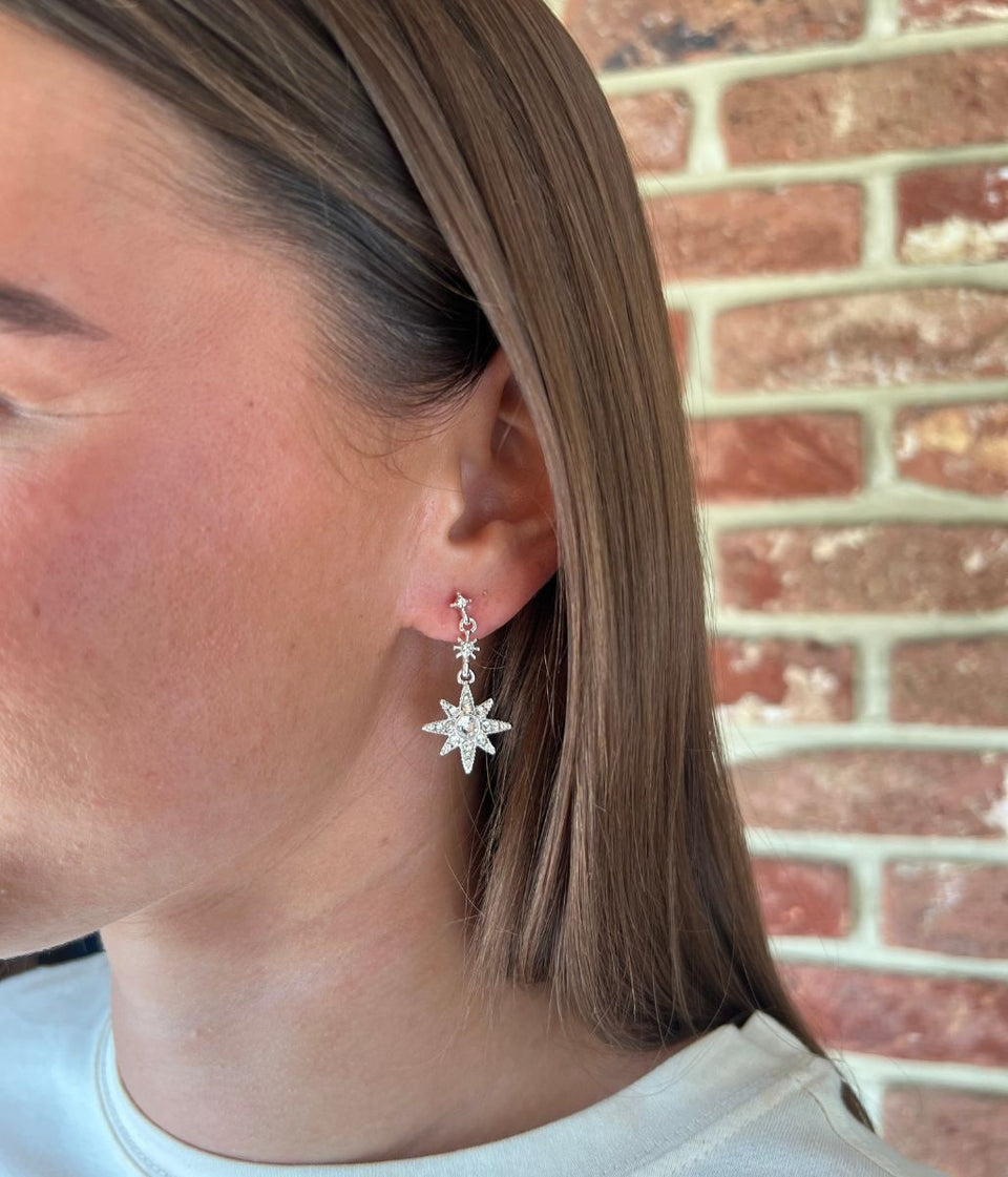 Silver Sparkle Stars Drop Earrings