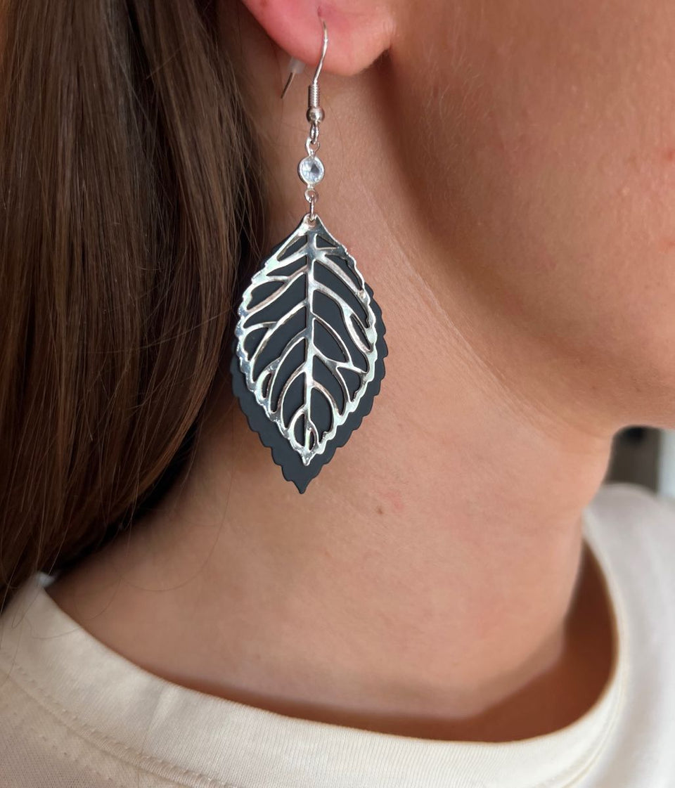 Silver Stencil Leaf Drop Earrings