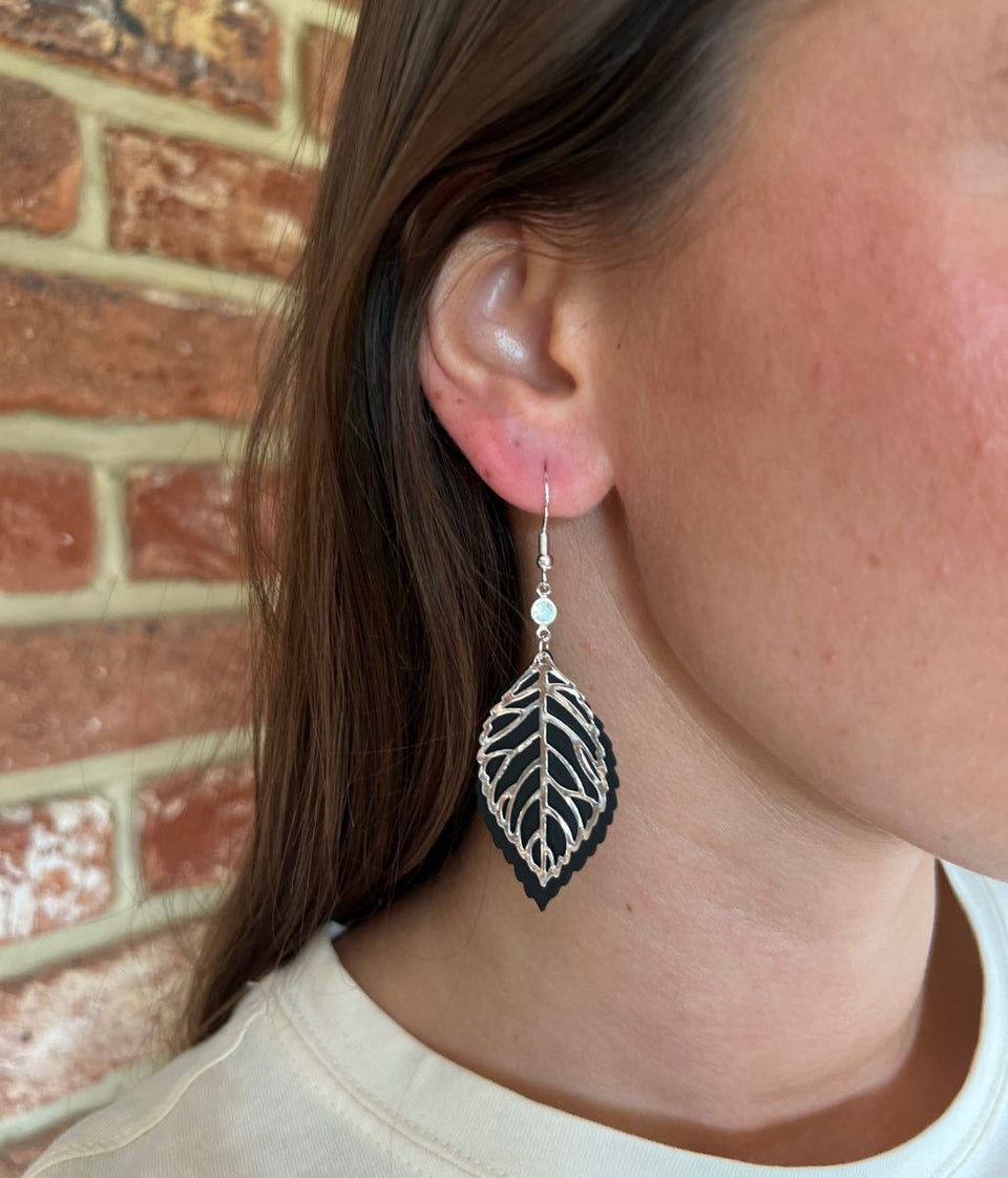 Silver Stencil Leaf Drop Earrings