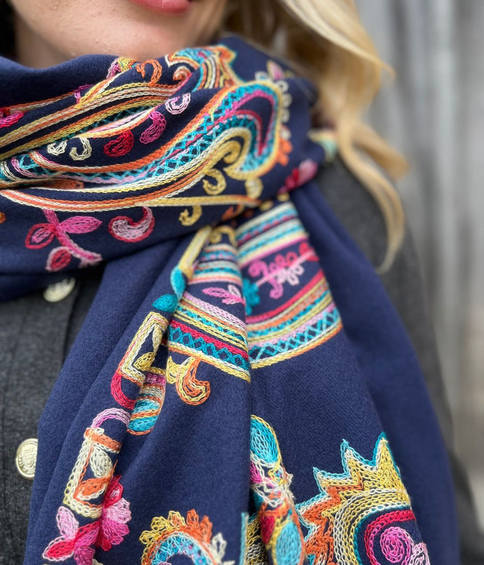 Navy Embroidered Cashmere Blend Scarf