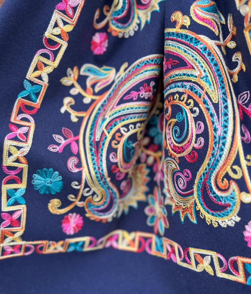 Navy Embroidered Cashmere Blend Scarf