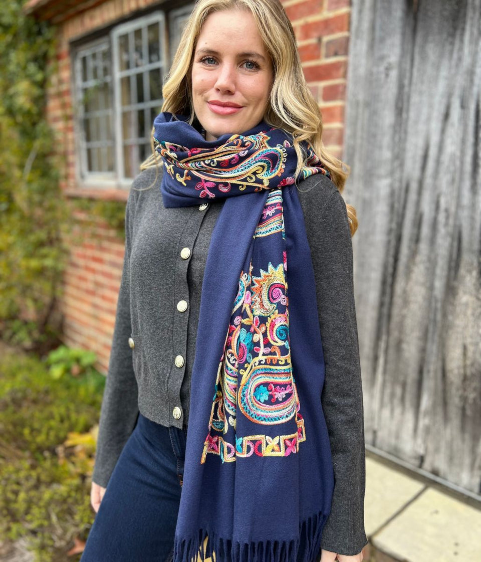 Navy Embroidered Cashmere Blend Scarf