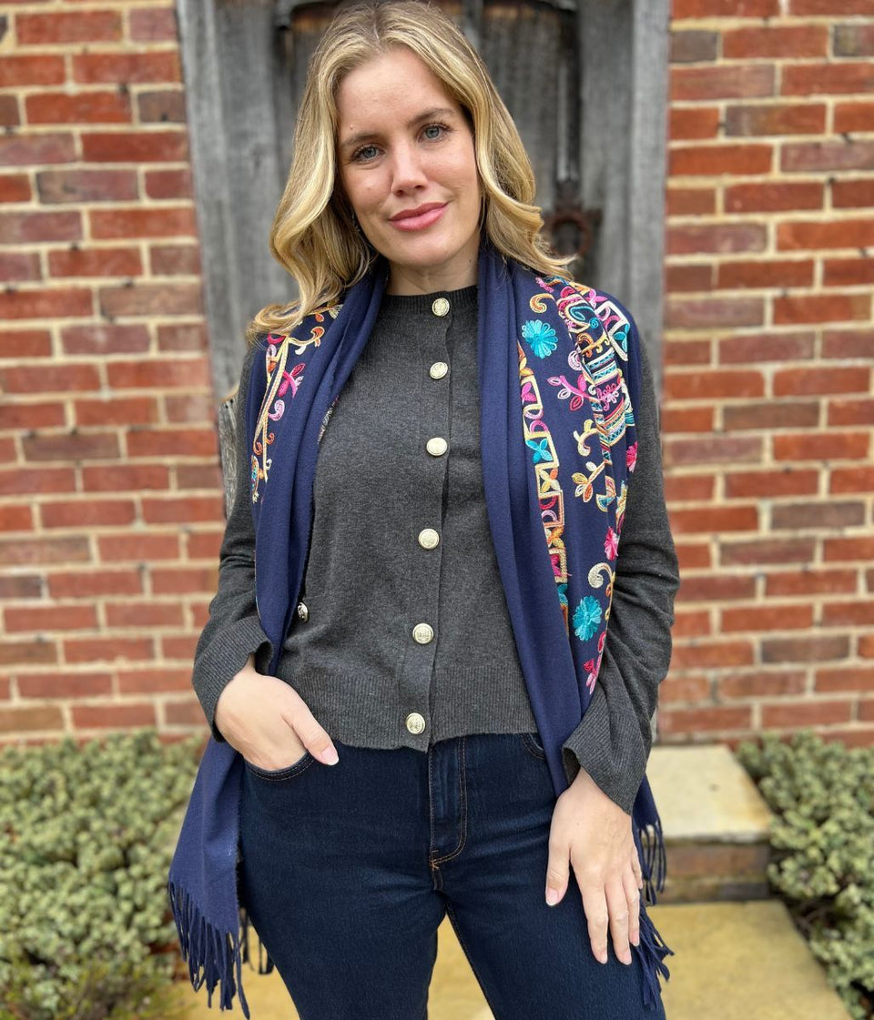 Navy Embroidered Cashmere Blend Scarf