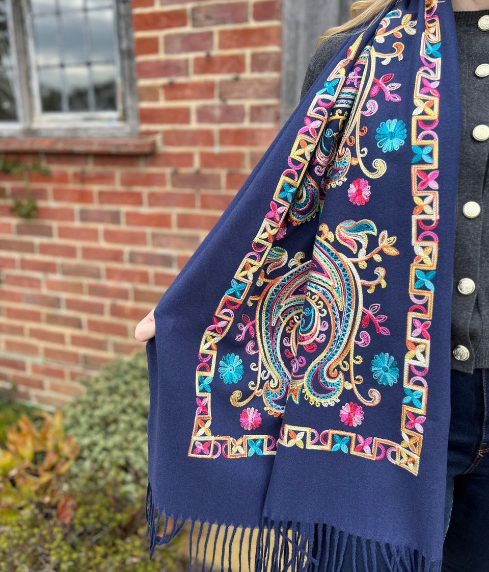 Navy Embroidered Cashmere Blend Scarf
