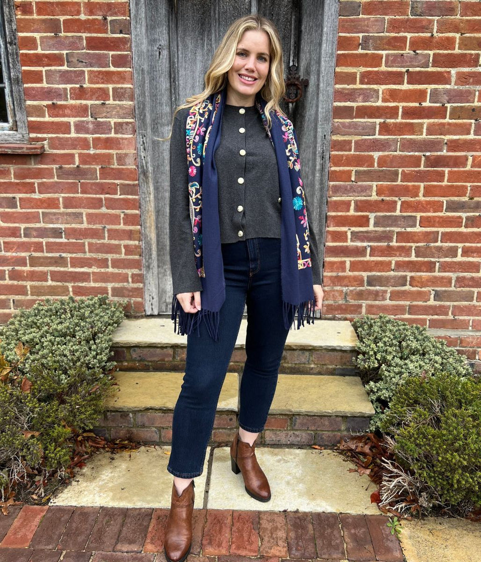 Navy Embroidered Cashmere Blend Scarf