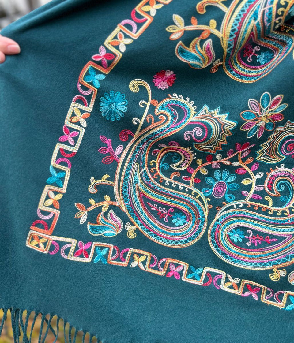 Green Embroidered Cashmere Blend Scarf