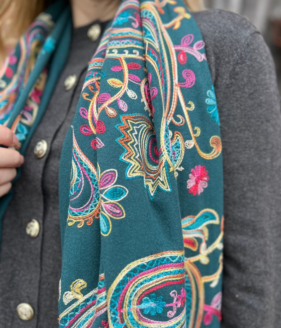 Green Embroidered Cashmere Blend Scarf