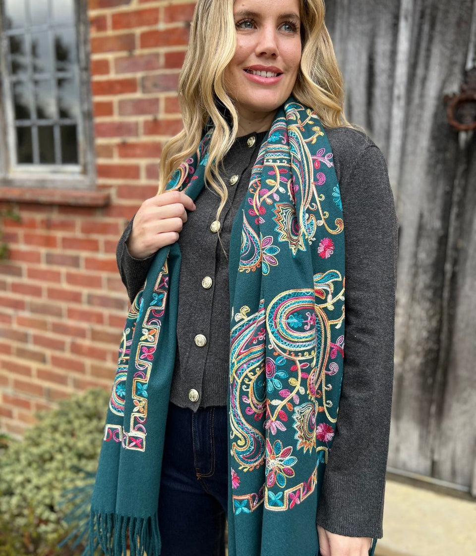 Green Embroidered Cashmere Blend Scarf