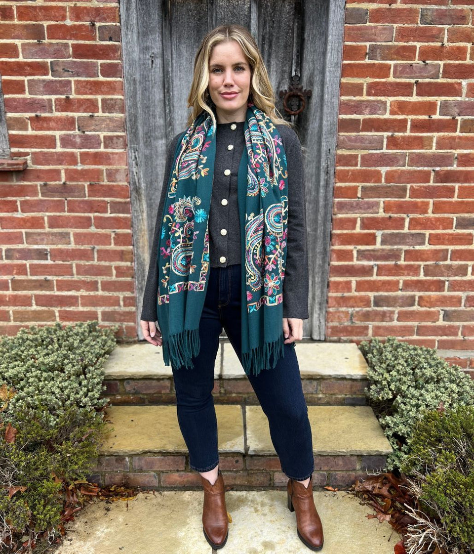 Green Embroidered Cashmere Blend Scarf