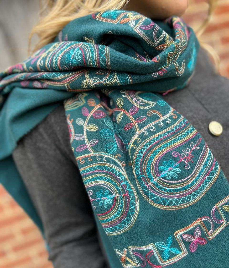 Green Embroidered Cashmere Blend Scarf