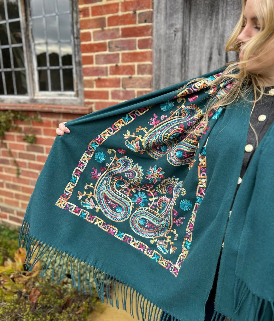 Green Embroidered Cashmere Blend Scarf