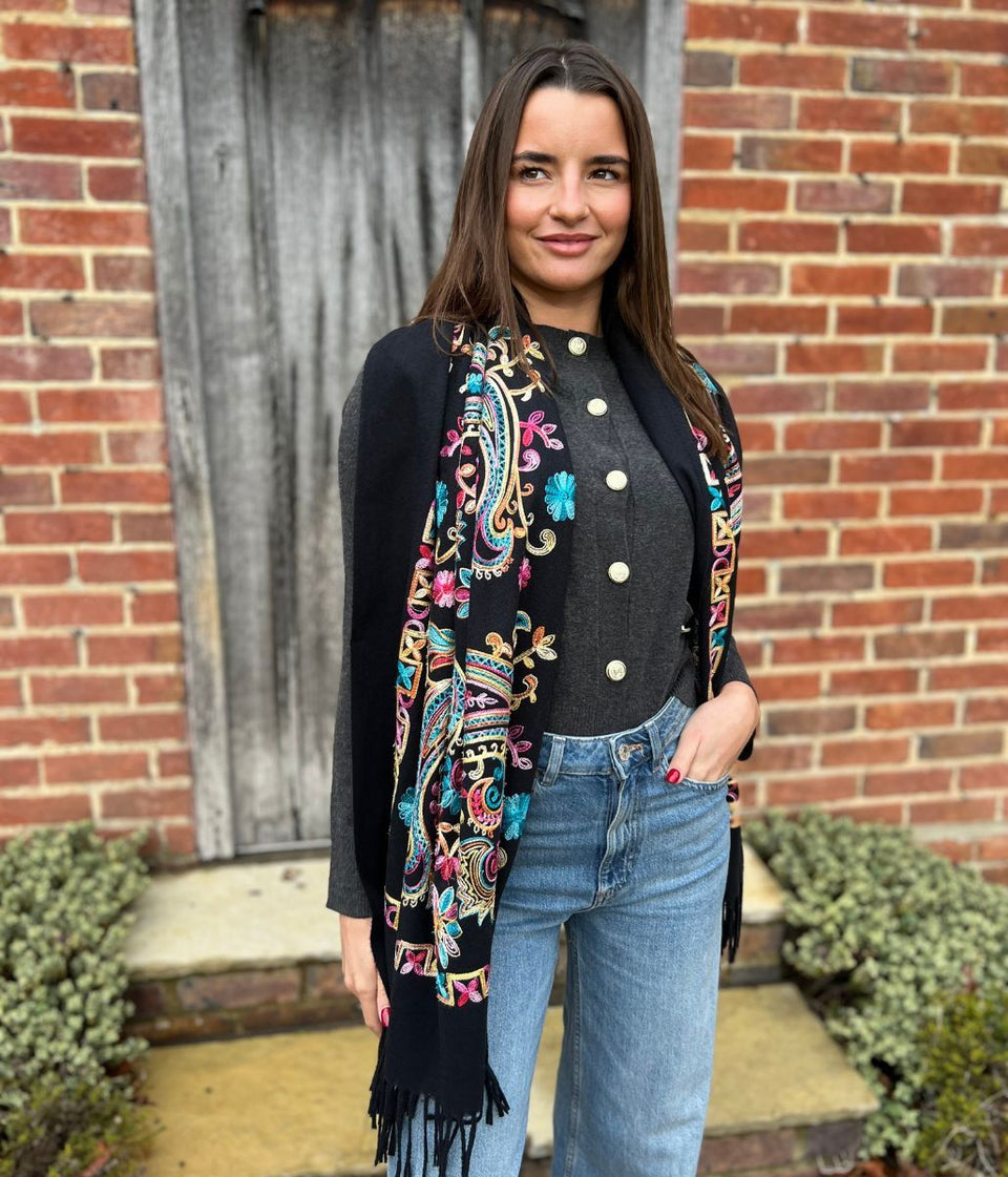 Black Embroidered Cashmere Blend Scarf