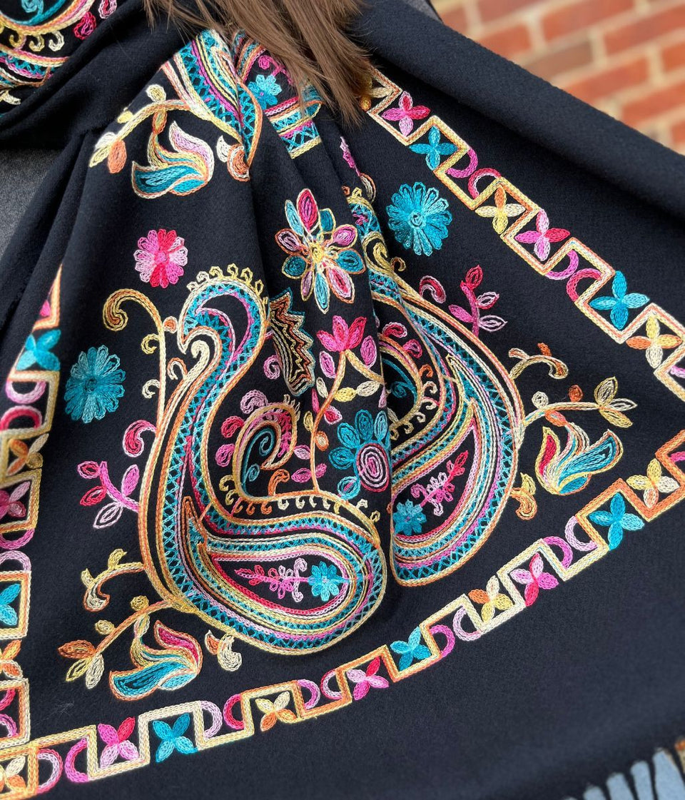 Black Embroidered Cashmere Blend Scarf
