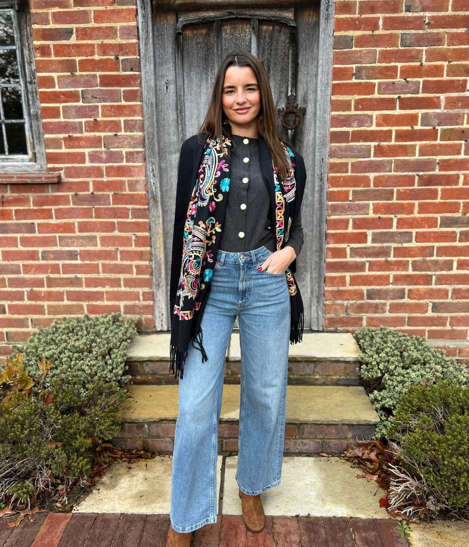 Black Embroidered Cashmere Blend Scarf