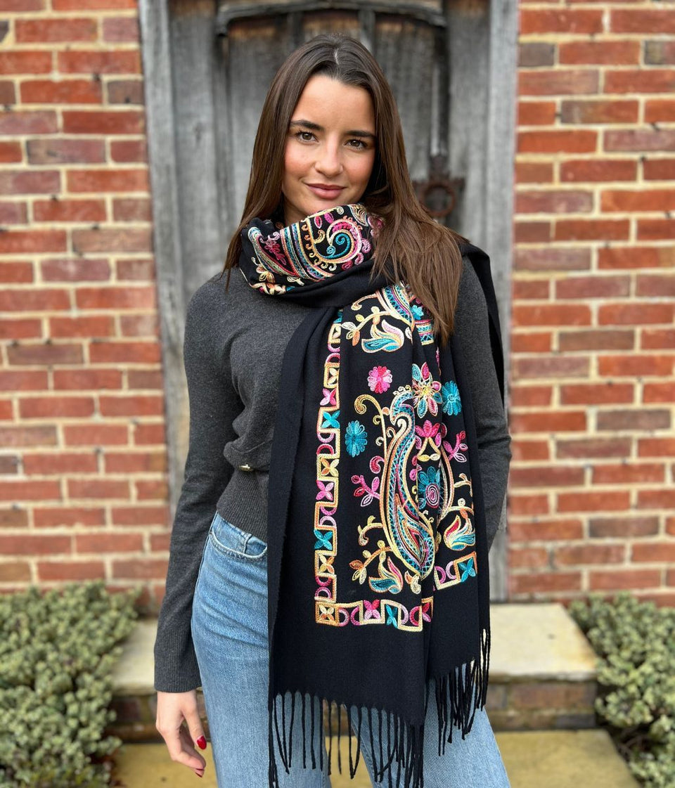 Black Embroidered Cashmere Blend Scarf