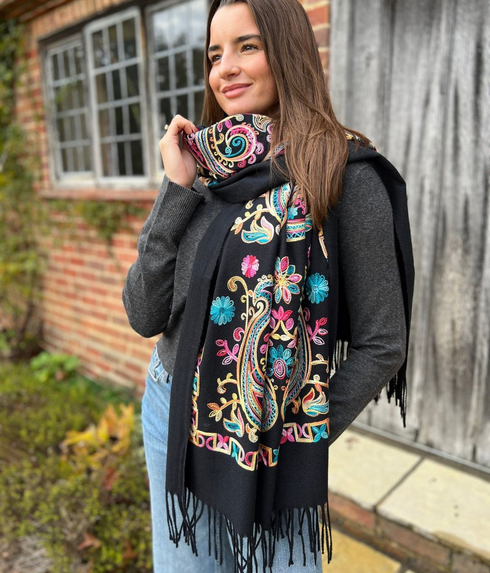 Black Embroidered Cashmere Blend Scarf
