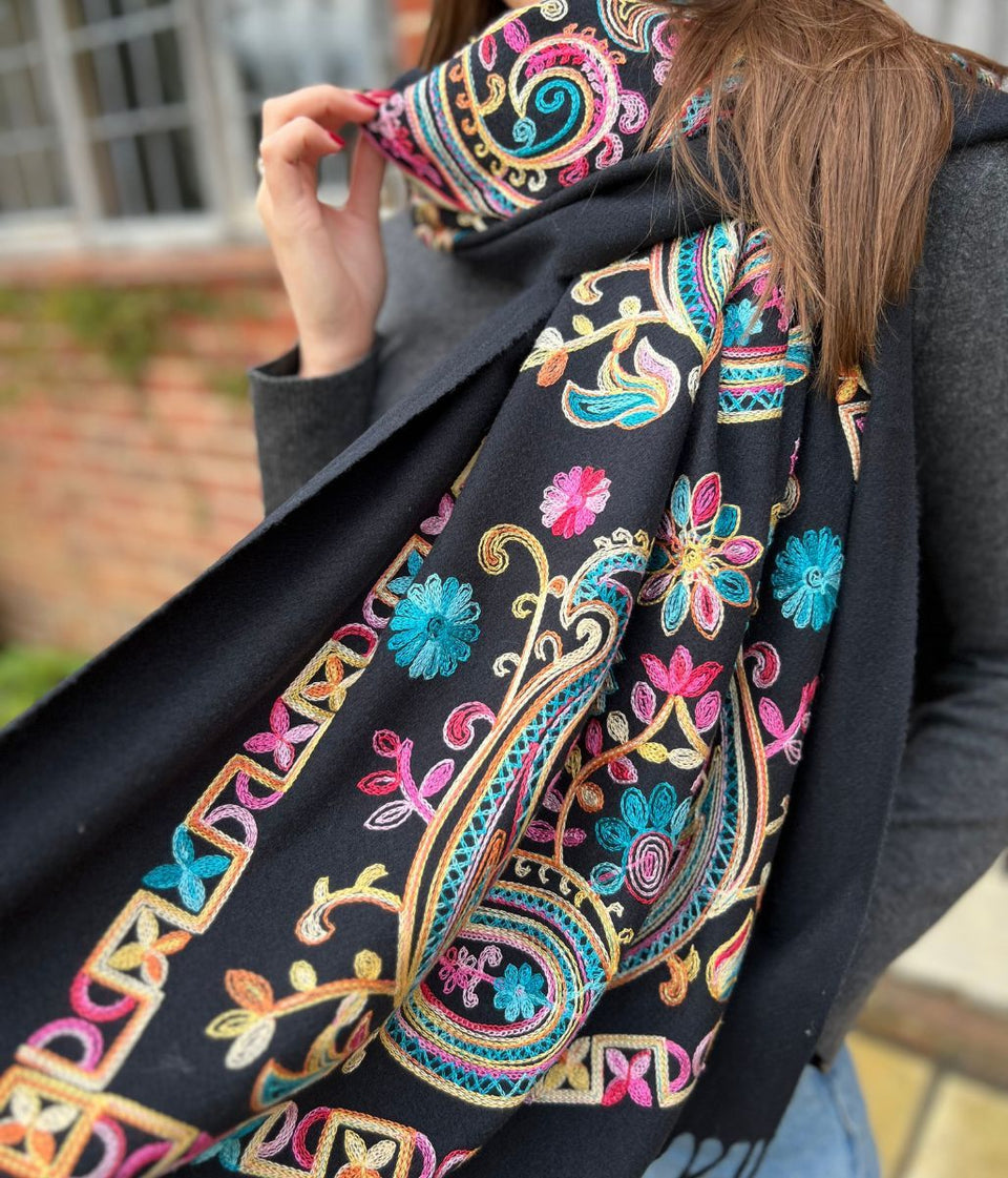 Black Embroidered Cashmere Blend Scarf
