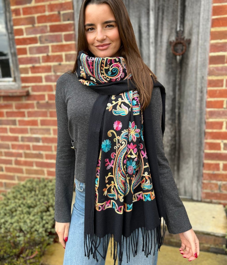 Black Embroidered Cashmere Blend Scarf