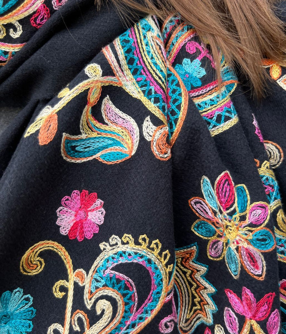 Black Embroidered Cashmere Blend Scarf