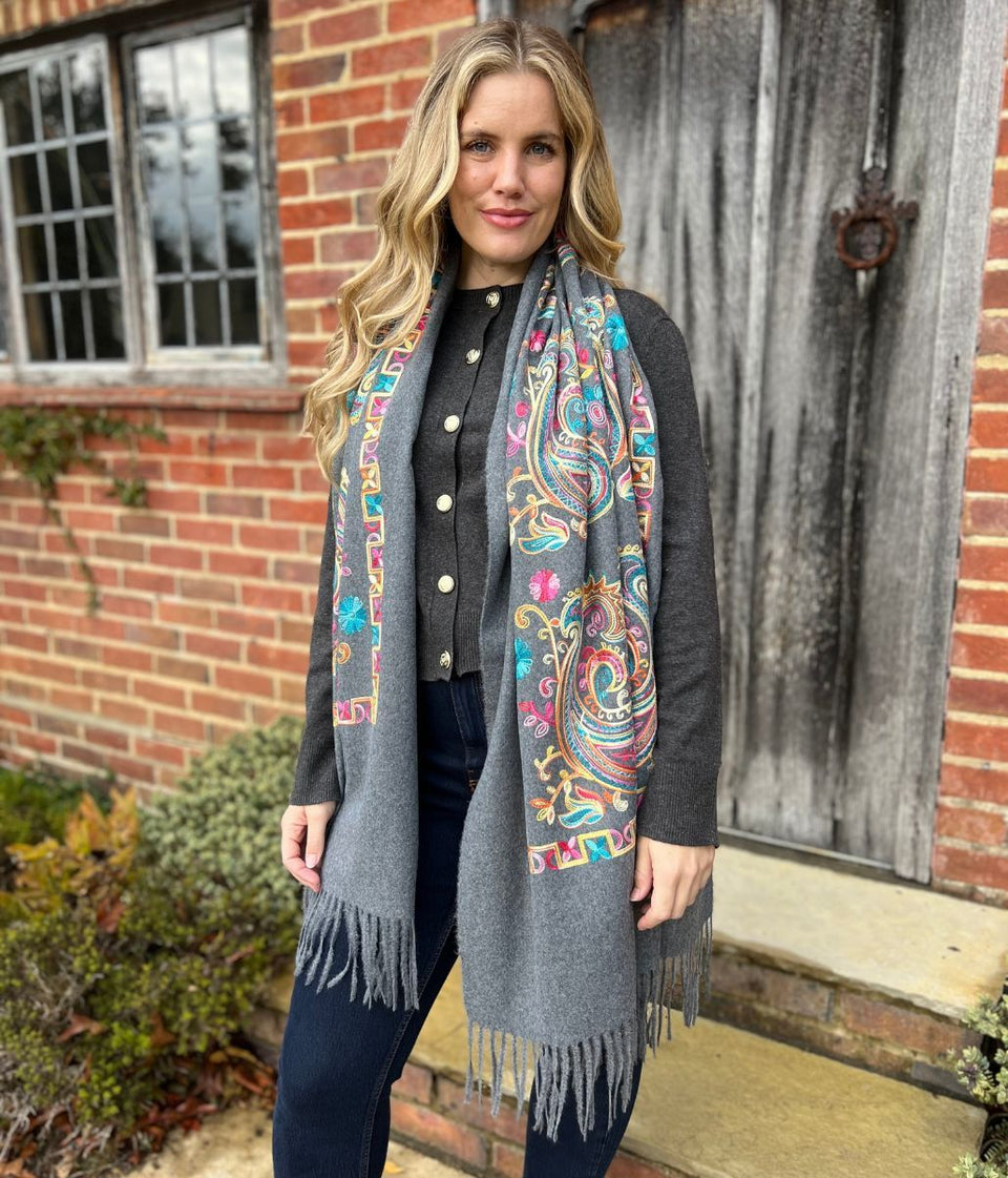 Grey Embroidered Cashmere Blend Scarf