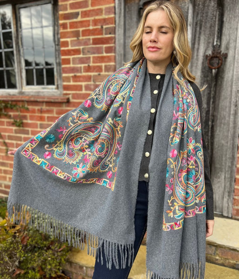 Grey Embroidered Cashmere Blend Scarf